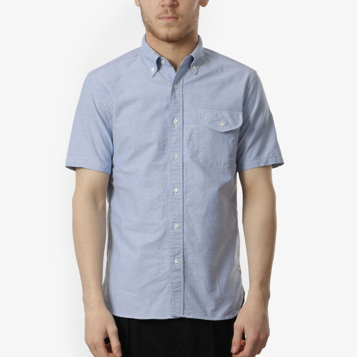 main Beams Plus Button Down Short Sleeve Oxford Shirt, Sax, Detail Shot 1