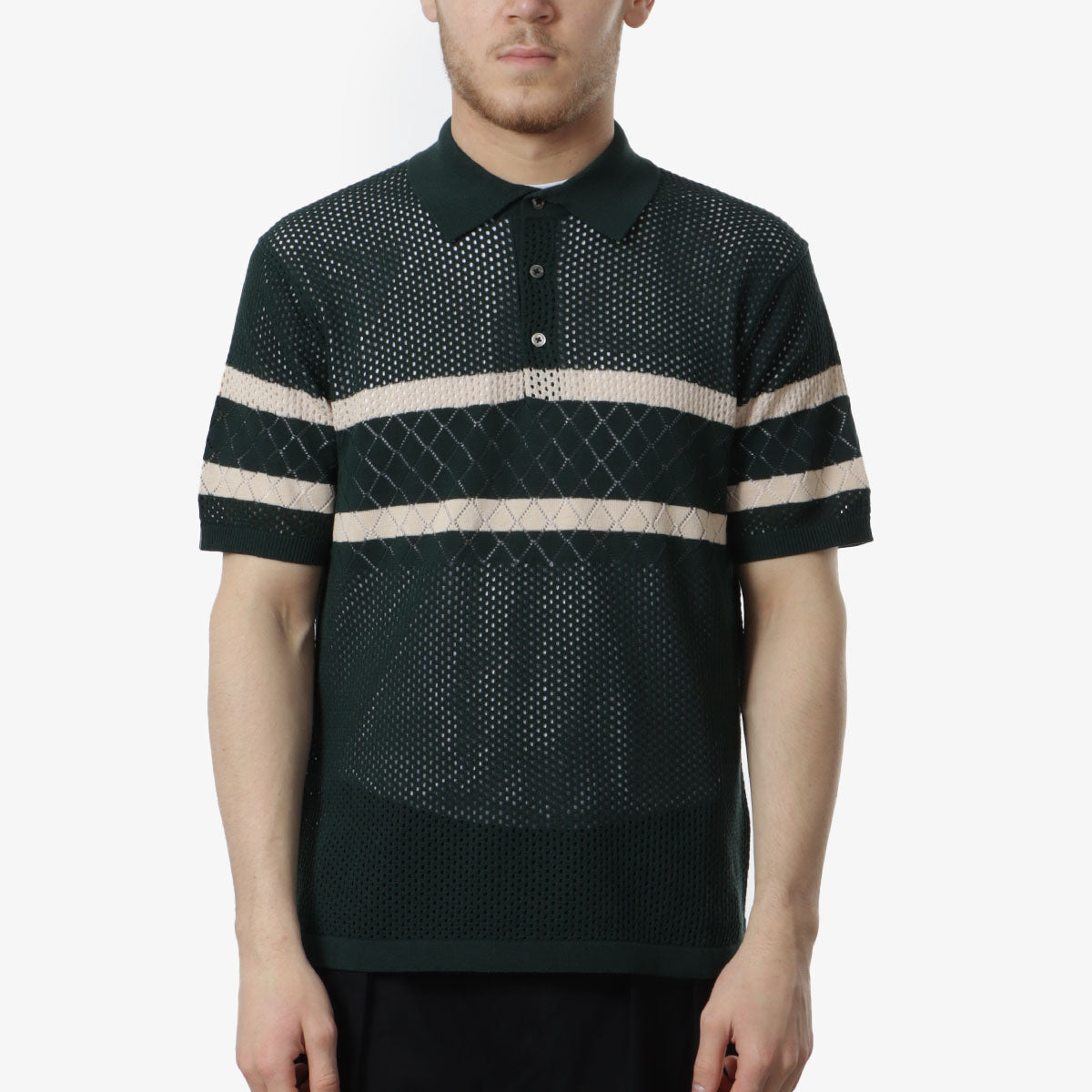 main Beams Plus Knit Polo Mesh Stripe Shirt, Green, Detail Shot 1