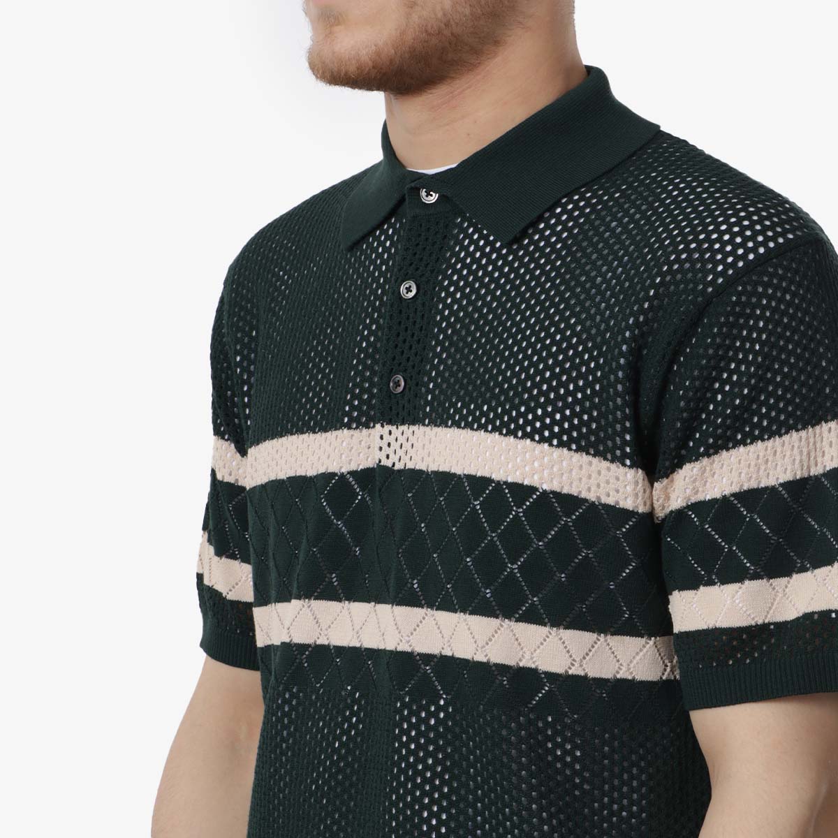 main Beams Plus Knit Polo Mesh Stripe Shirt, Green, Detail Shot 2