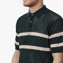 thumbnail Beams Plus Knit Polo Mesh Stripe Shirt, Green, Detail Shot 2