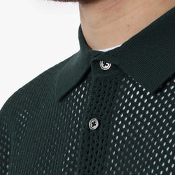 thumbnail Beams Plus Knit Polo Mesh Stripe Shirt, Green, Detail Shot 3