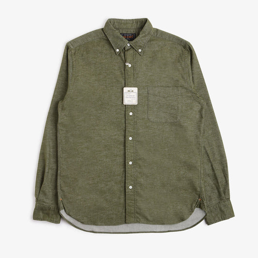 Beams Plus Button Down Solid Flannel Shirt, Olive, Detail Shot 1