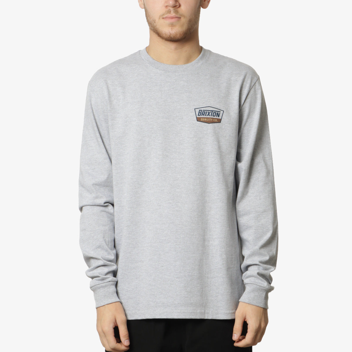 Brixton Regal Long Sleeve T-Shirt, Heather Grey Navy Brown, Detail Shot 2