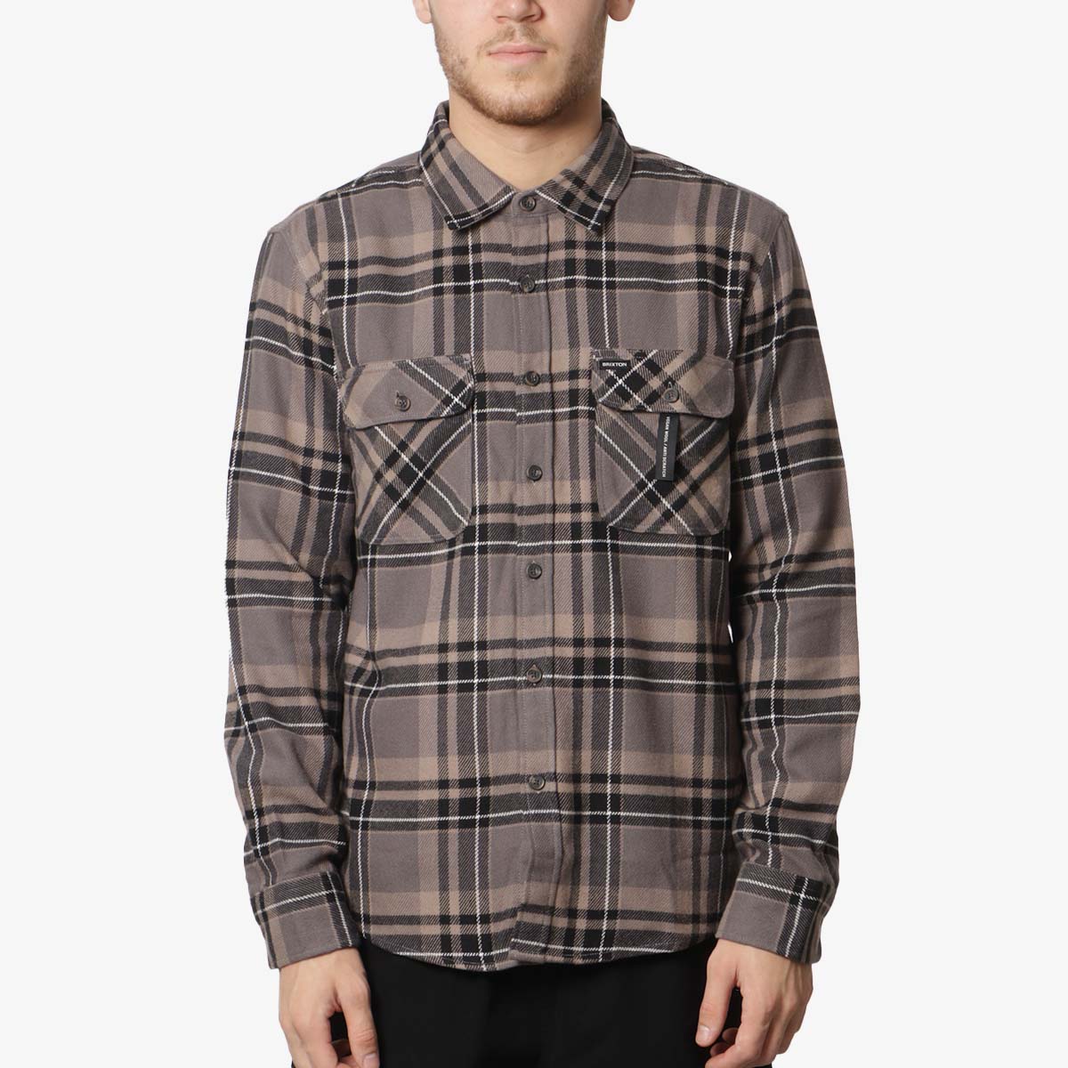 main Brixton Bowery Flannel Shirt, Charcoal Black Cinder Grey, Detail Shot 1