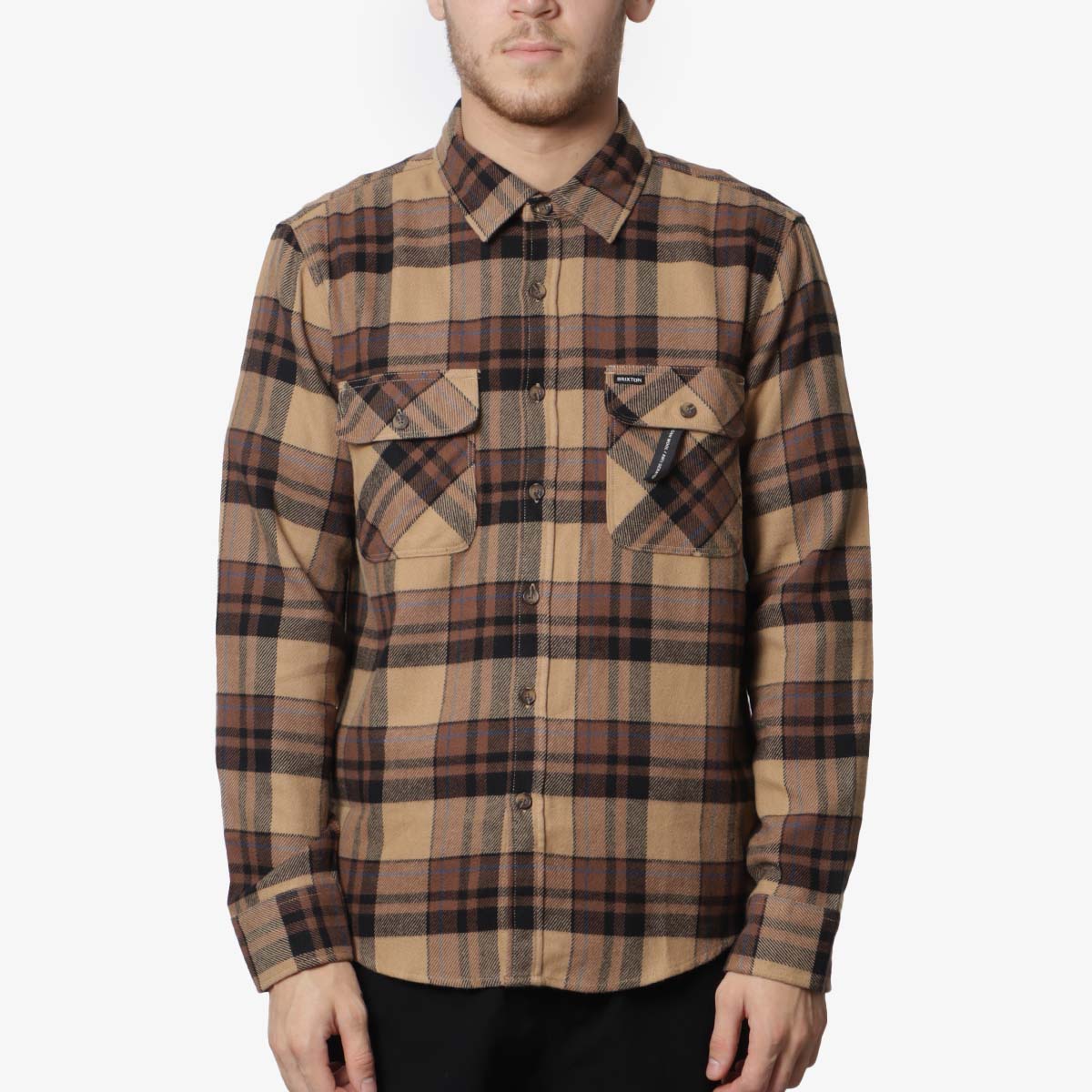 Brixton Bowery Flannel Shirt, Tiger's Eye Pinecone Brown Washed Black, Detail Shot 1