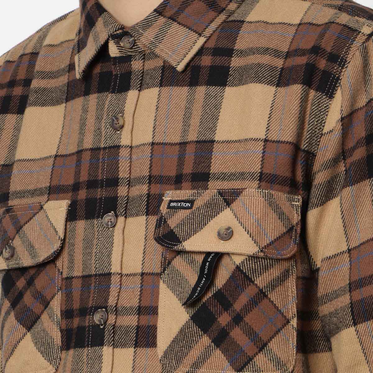 Brixton Bowery Flannel Shirt, Tiger's Eye Pinecone Brown Washed Black, Detail Shot 2