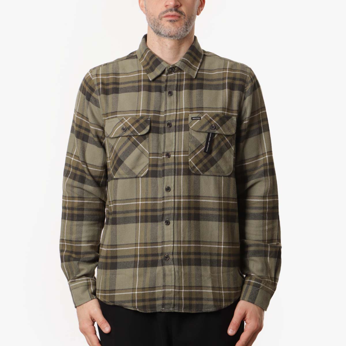 Brixton Bowery Flannel Shirt, Vetiver Laurel Wreath Washed Black, Detail Shot 1