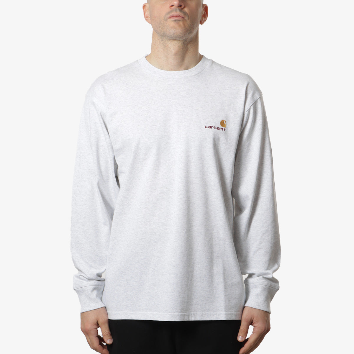 main Carhartt WIP American Script Long Sleeve T-Shirt, Ash Heather, Detail Shot 1