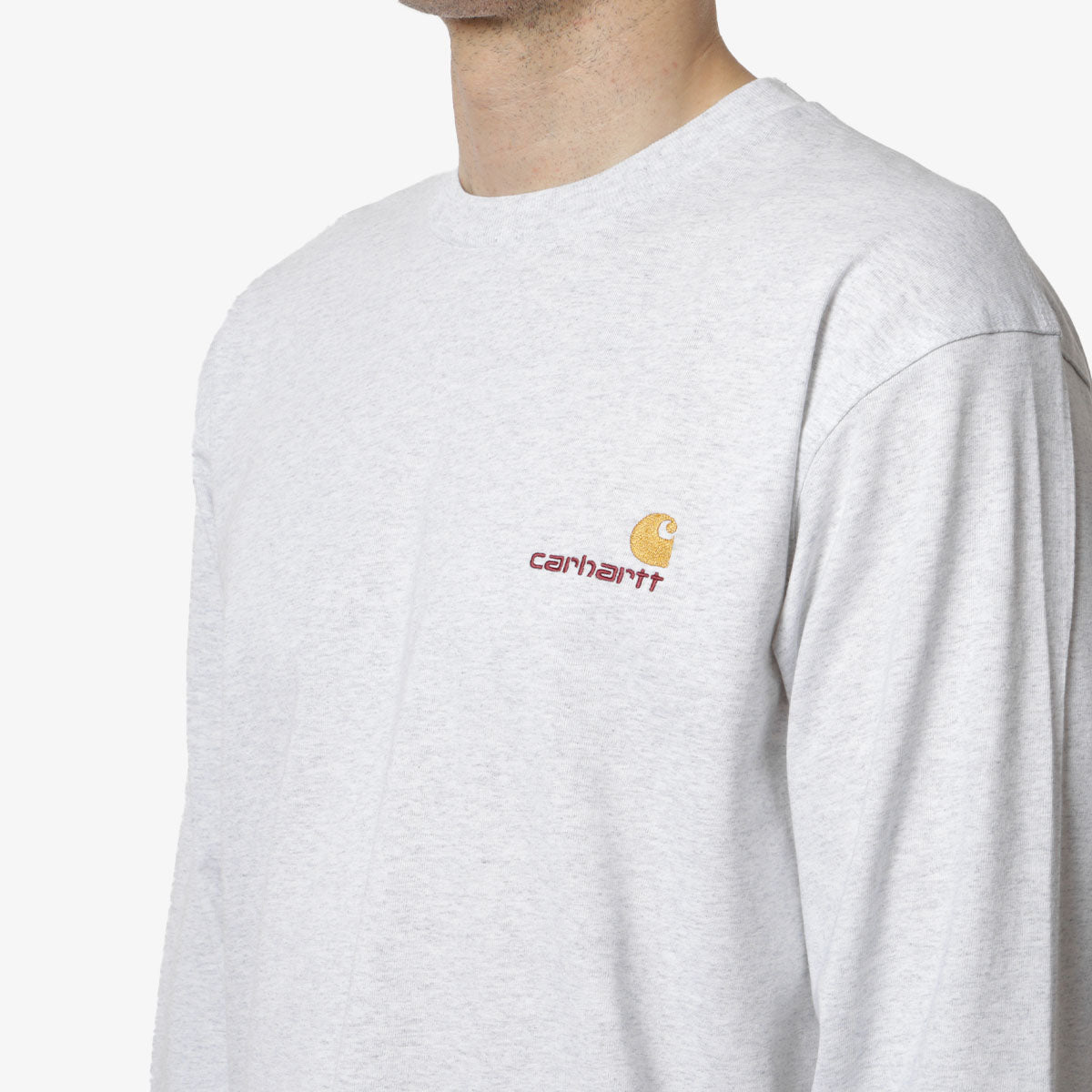 main Carhartt WIP American Script Long Sleeve T-Shirt, Ash Heather, Detail Shot 2