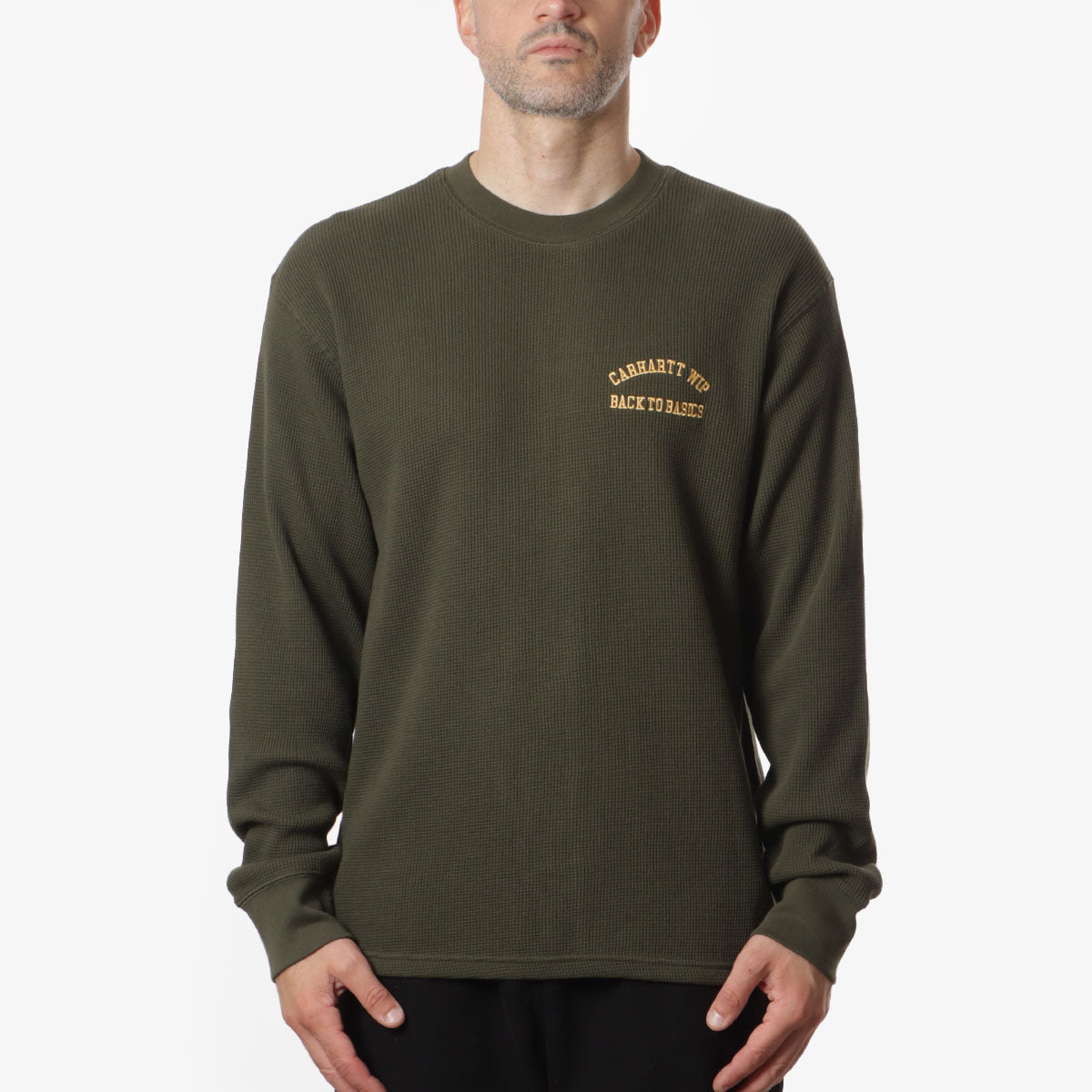 Carhartt WIP Basics Script Long Sleeve T-Shirt, Office Green Winter Spice, Detail Shot 1