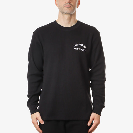 Carhartt WIP Basics Script Waffle Long Sleeve T-Shirt, Black White, Detail Shot 1