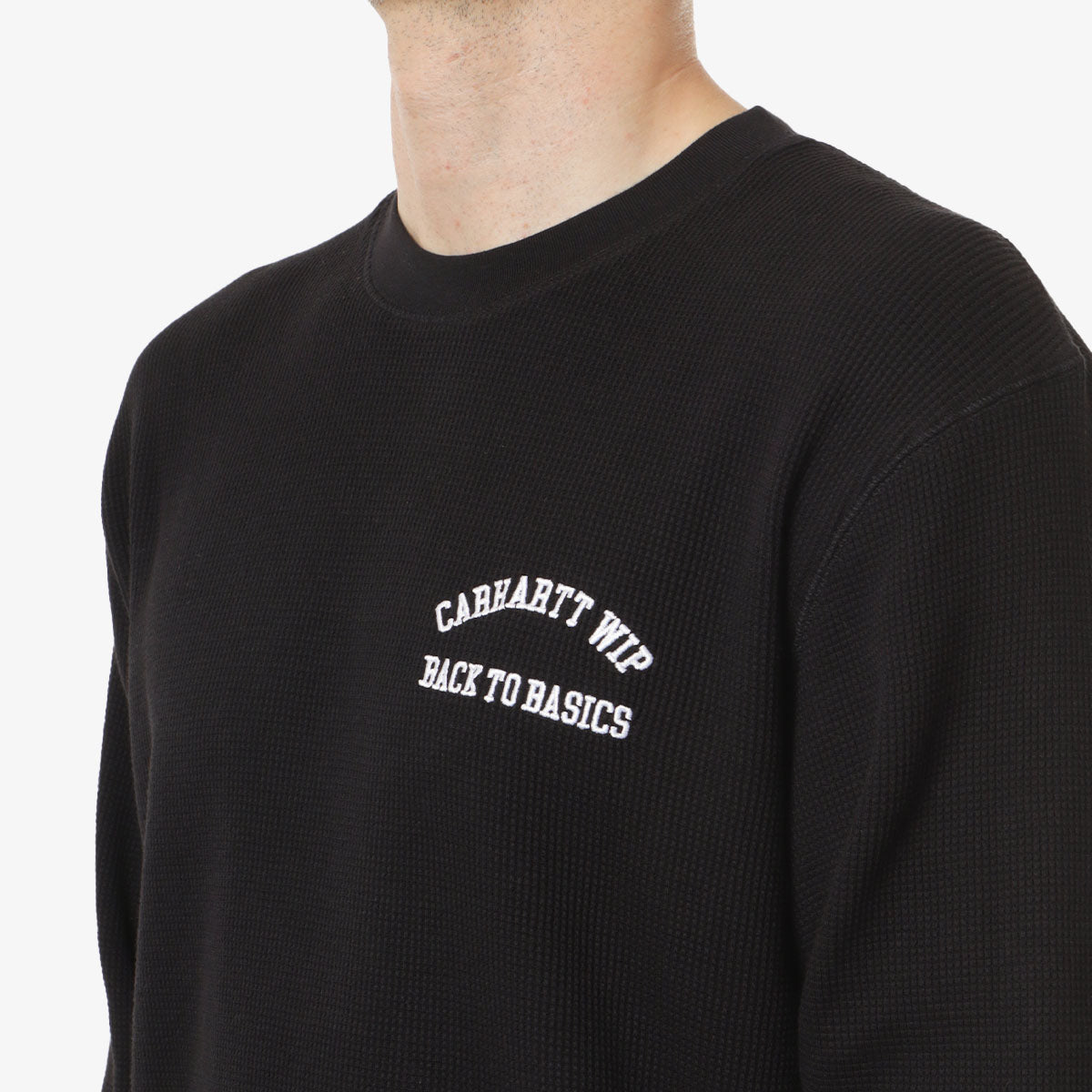 Carhartt WIP Basics Script Waffle Long Sleeve T-Shirt, Black White, Detail Shot 2