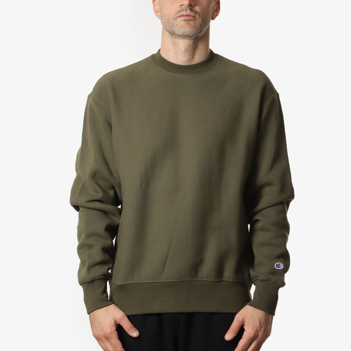 Champion Reverse Weave Crewneck Sweatshirt, Dark Green, Detail Shot 1