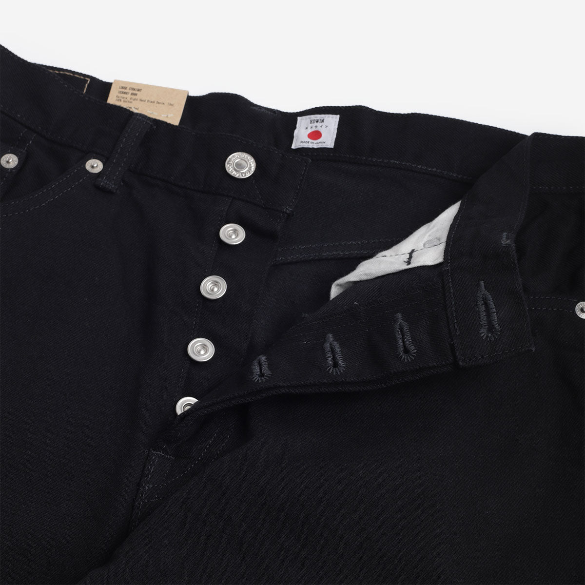 main Edwin Loose Straight Kaihara Yoshiko 13oz Right Hand Black Denim Jeans, Black - Unwashed, Detail Shot 4