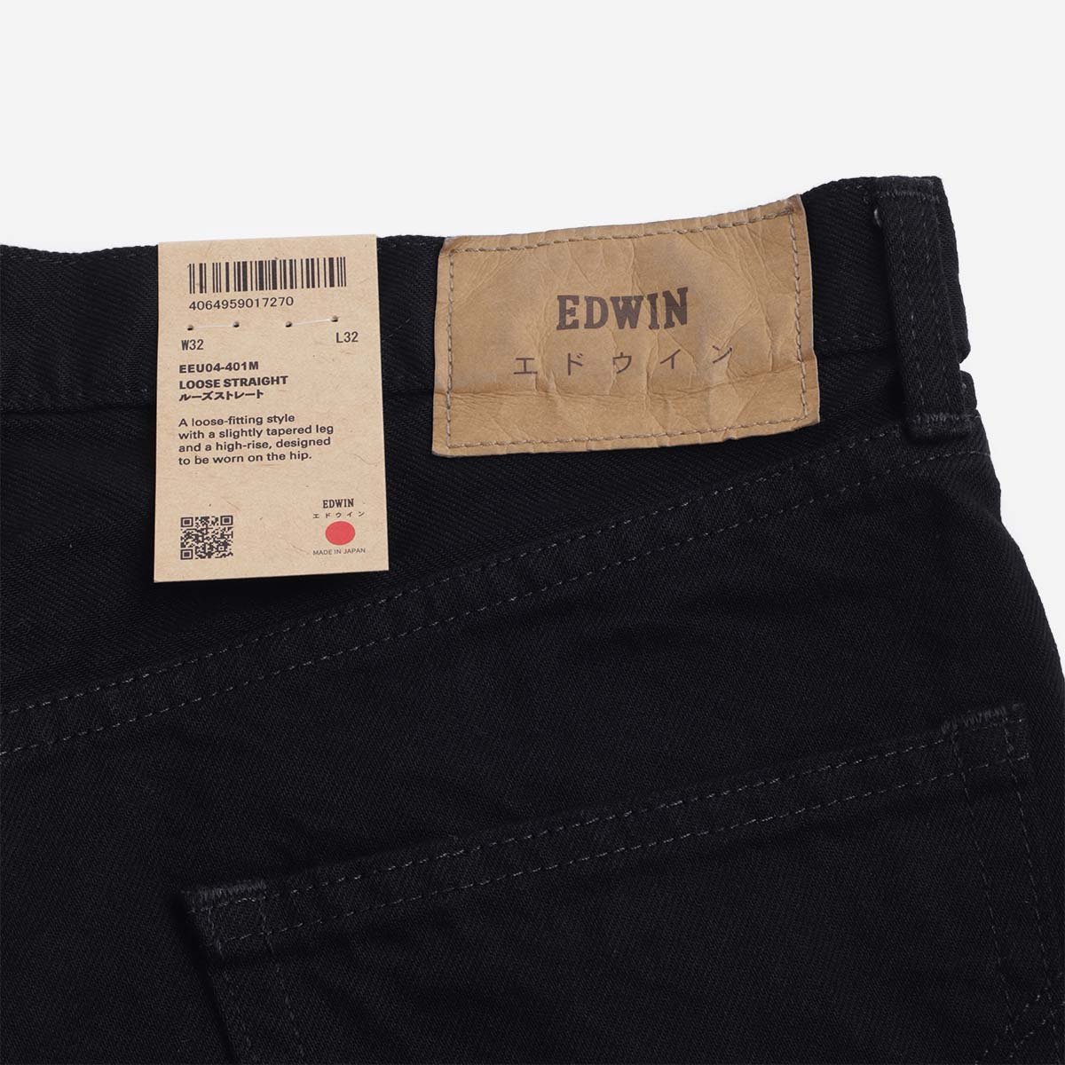 main Edwin Loose Straight Kaihara Yoshiko 13oz Right Hand Black Denim Jeans, Black - Unwashed, Detail Shot 5