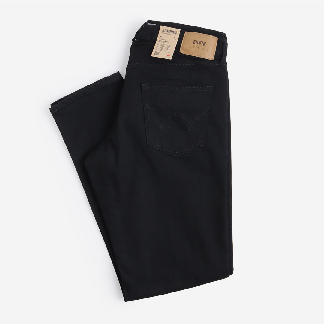 main Edwin Regular Tapered Kaihara Black x Black Stretch 12.5oz Denim Jeans, Black - Rinsed, Detail Shot 1