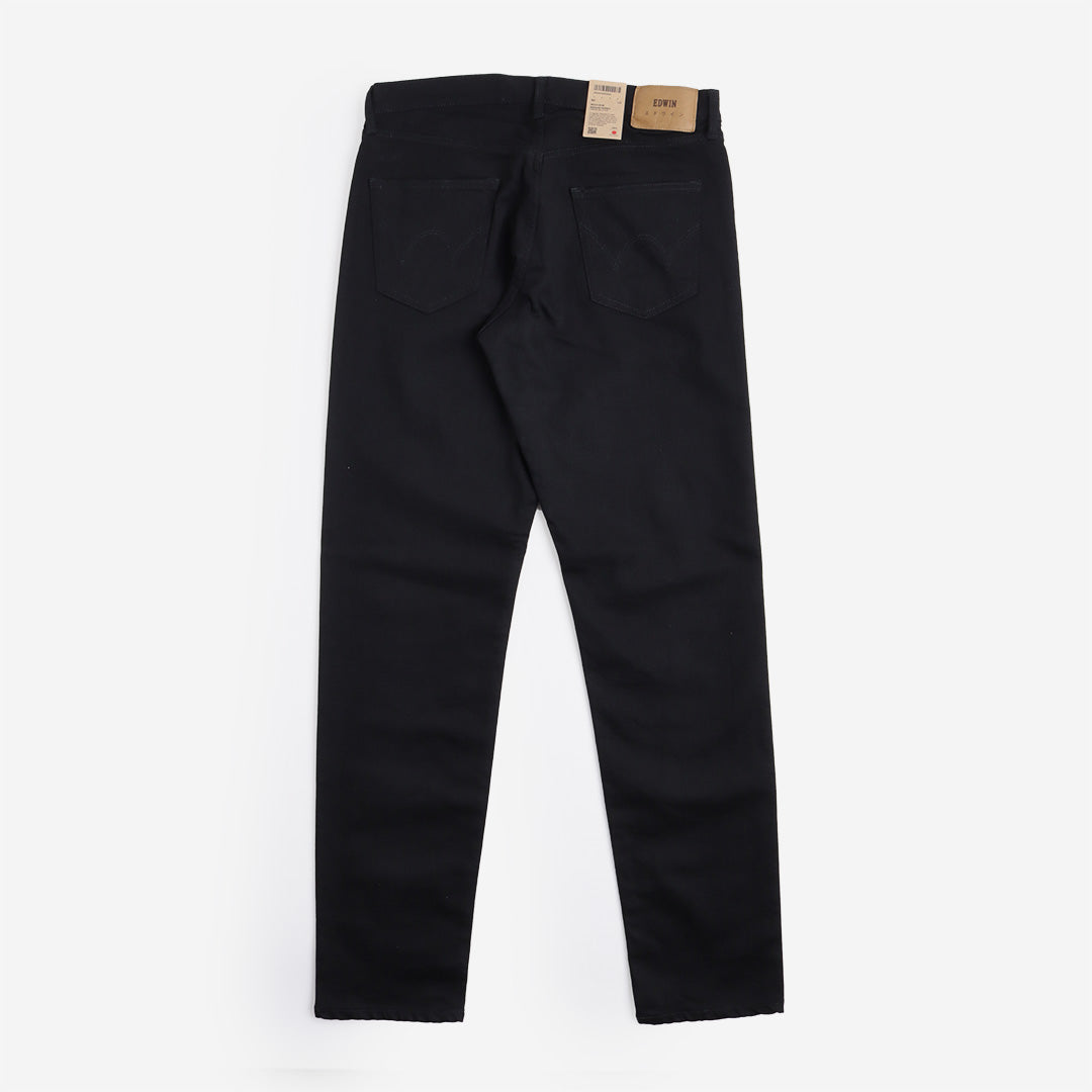 main Edwin Regular Tapered Kaihara Black x Black Stretch 12.5oz Denim Jeans, Black - Rinsed, Detail Shot 4