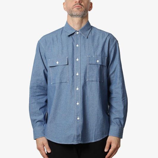 FrizmWORKS Cigarette Pocket Chambray Shirt, Blue, Detail Shot 1