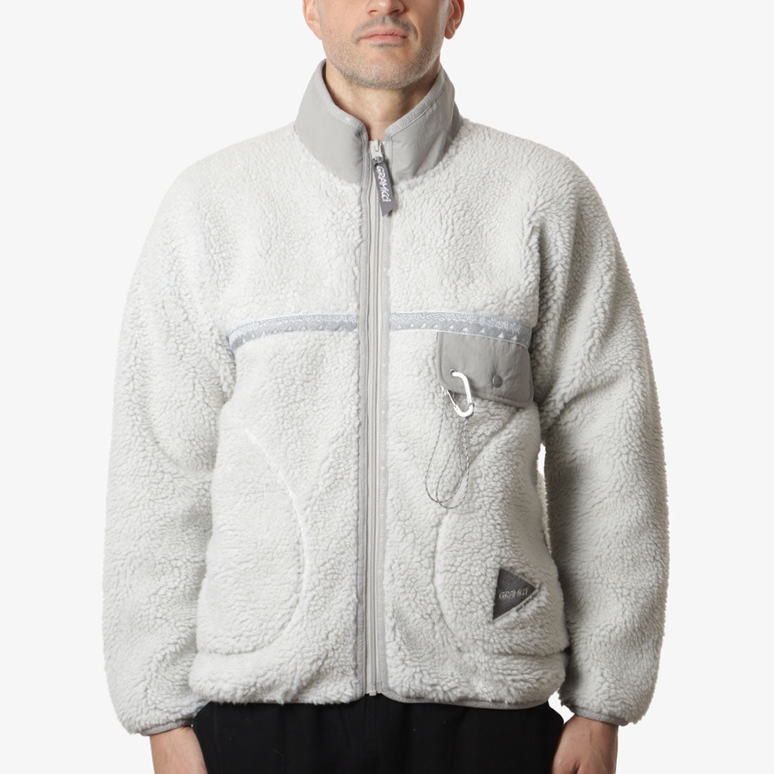 main Gramicci x And Wander JQ Tape Fleece Jacket, Light Grey, Detail Shot 1