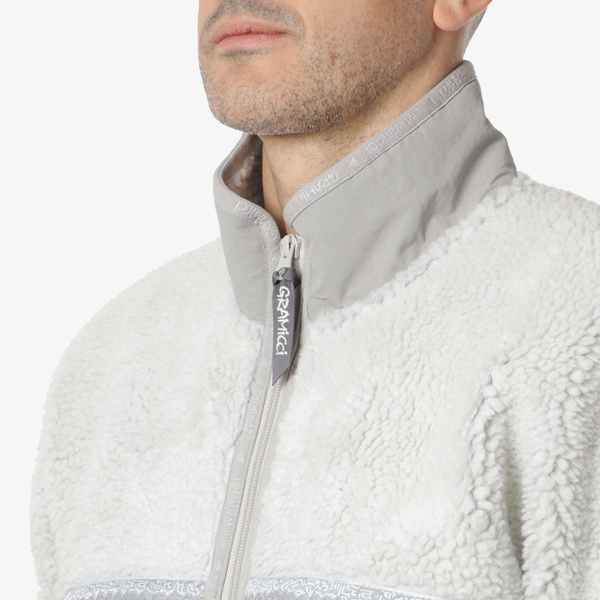 Gramicci x And Wander JQ Tape Fleece Jacket, Light Grey, Detail Shot 4