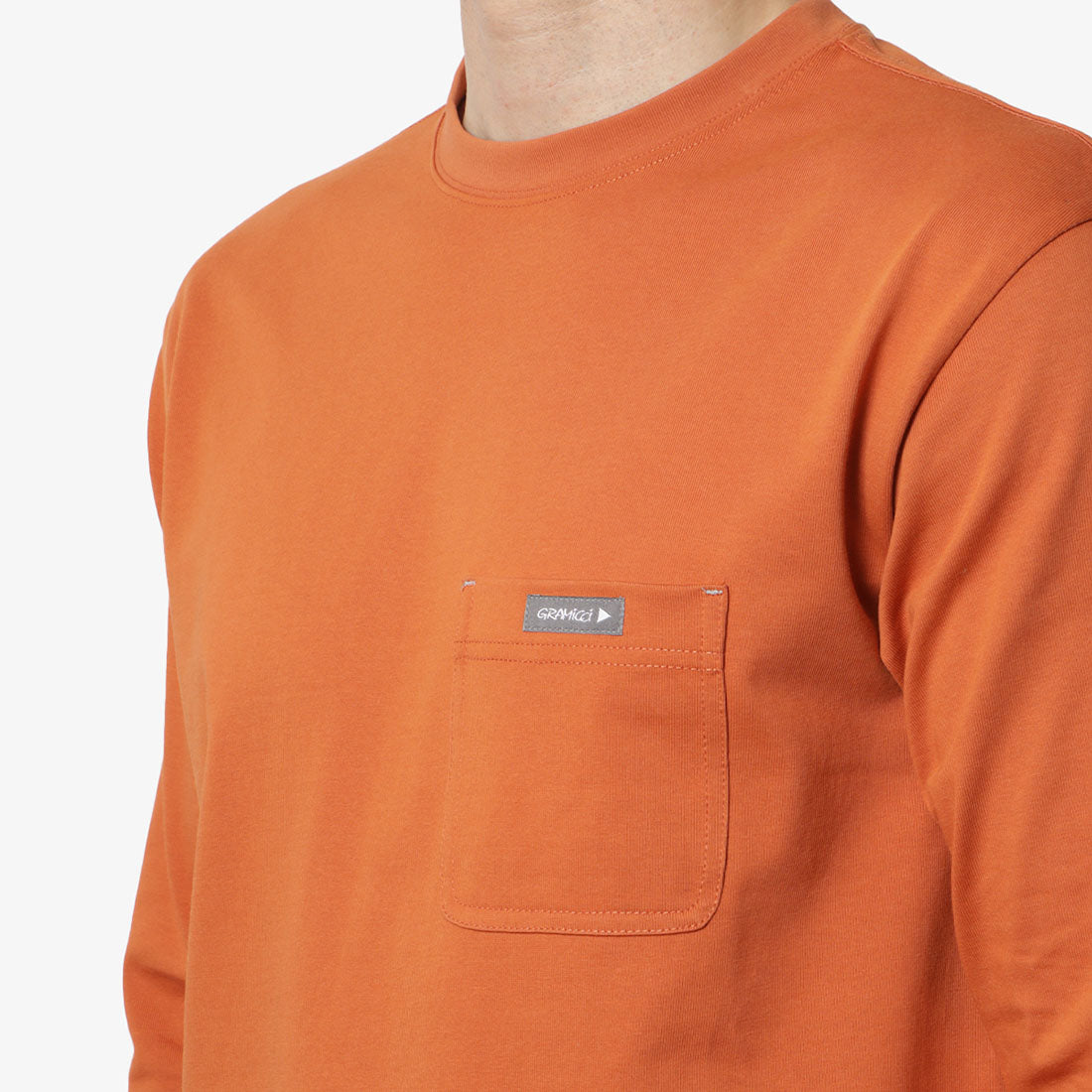 Gramicci x And Wander Backprint Long Sleeve T-Shirt, Orange, Detail Shot 4