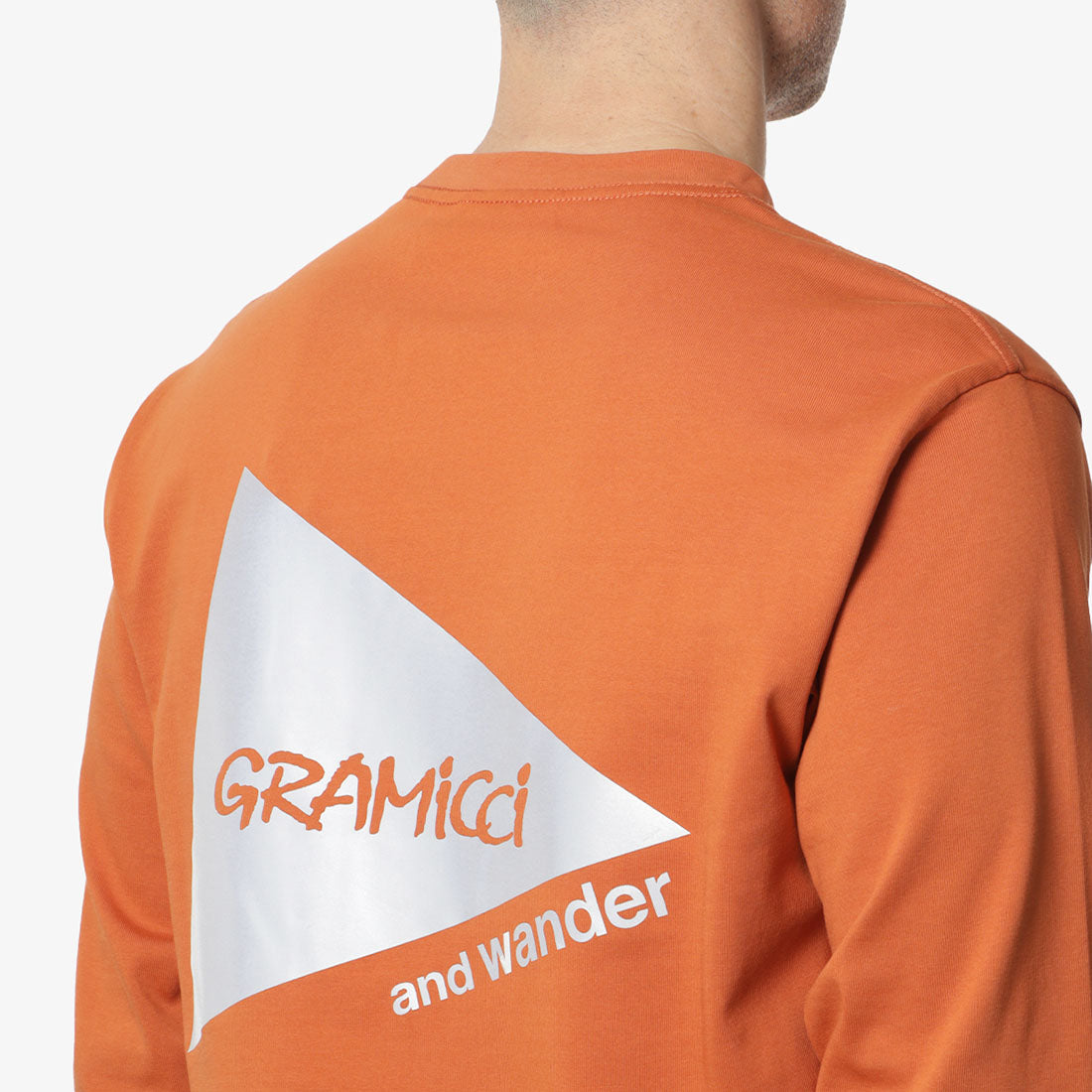 Gramicci x And Wander Backprint Long Sleeve T-Shirt, Orange, Detail Shot 3