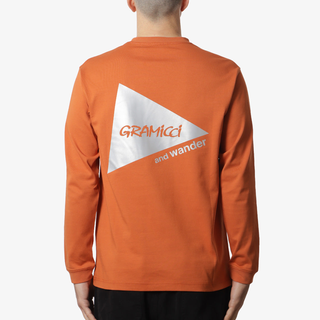 Gramicci x And Wander Backprint Long Sleeve T-Shirt, Orange, Detail Shot 1