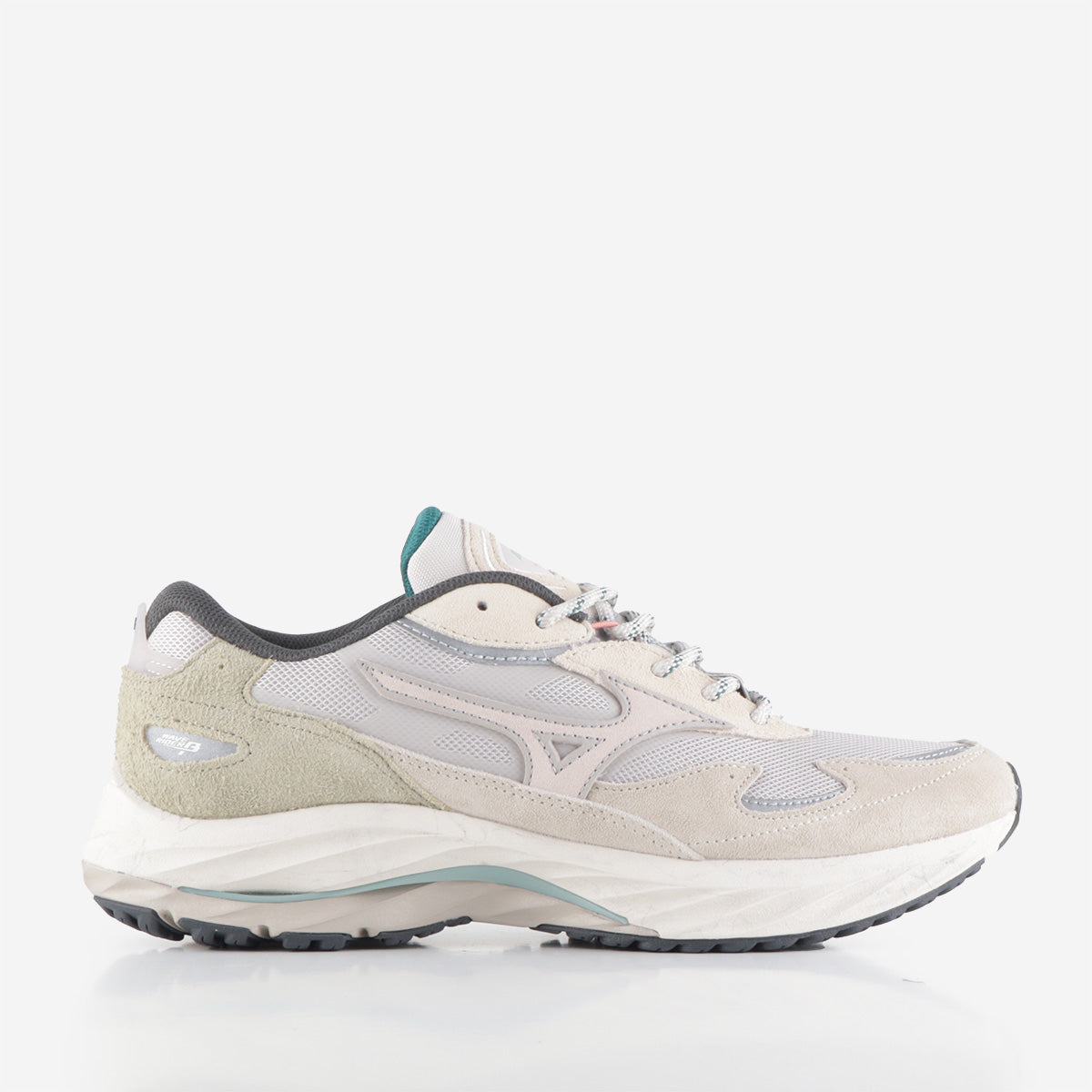 main Mizuno Wave Rider β 'Nomad Pack' Shoes, Silver Cloud White Sand Cedar, Detail Shot 1