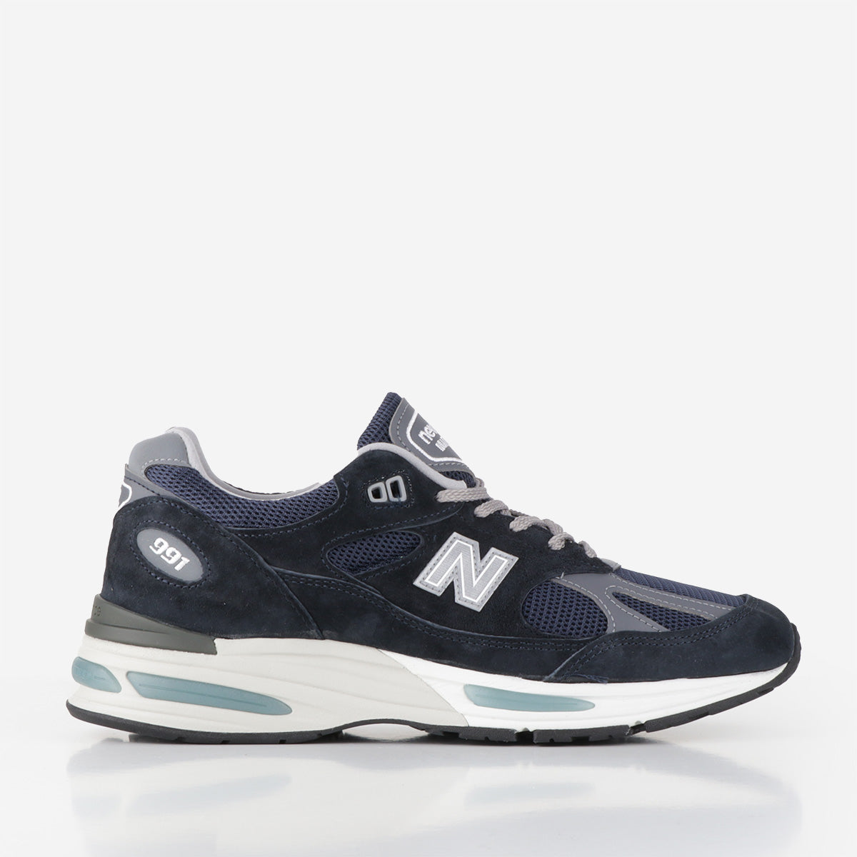 main New Balance U991NV2 Shoes, Dark Navy, Smoked Pearl, Silver, Detail Shot 1