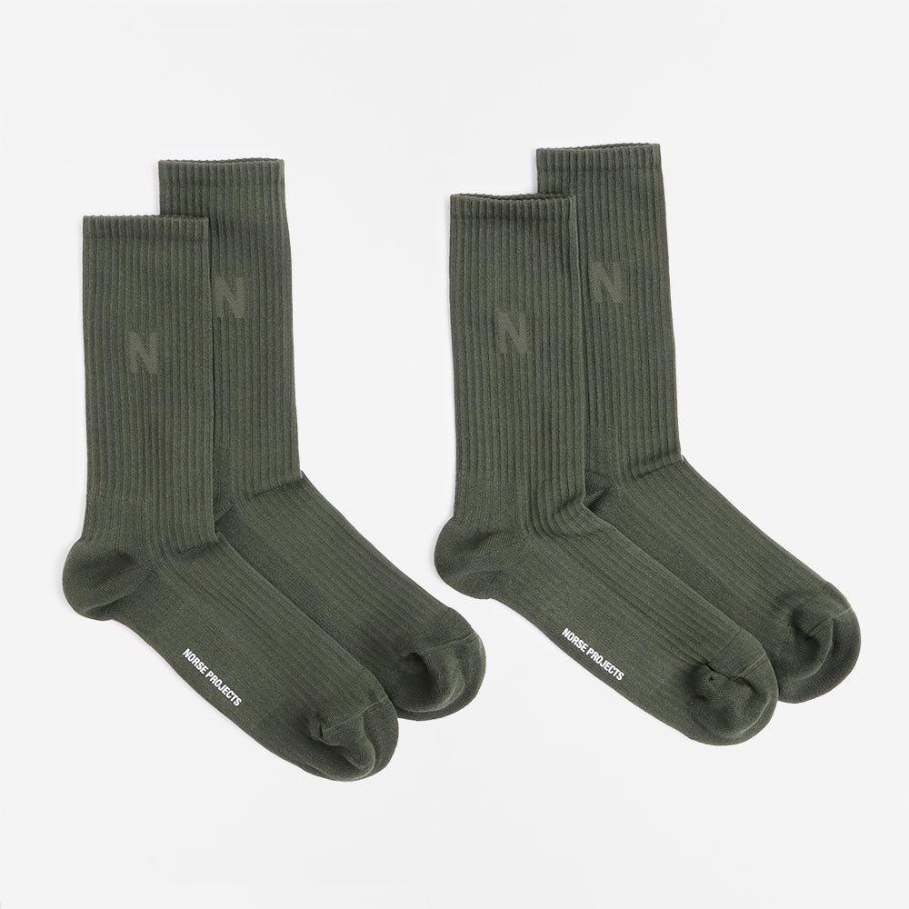 main Norse Projects Bjarki N Logo Socks 2 Pack, Forest Green, Detail Shot 1