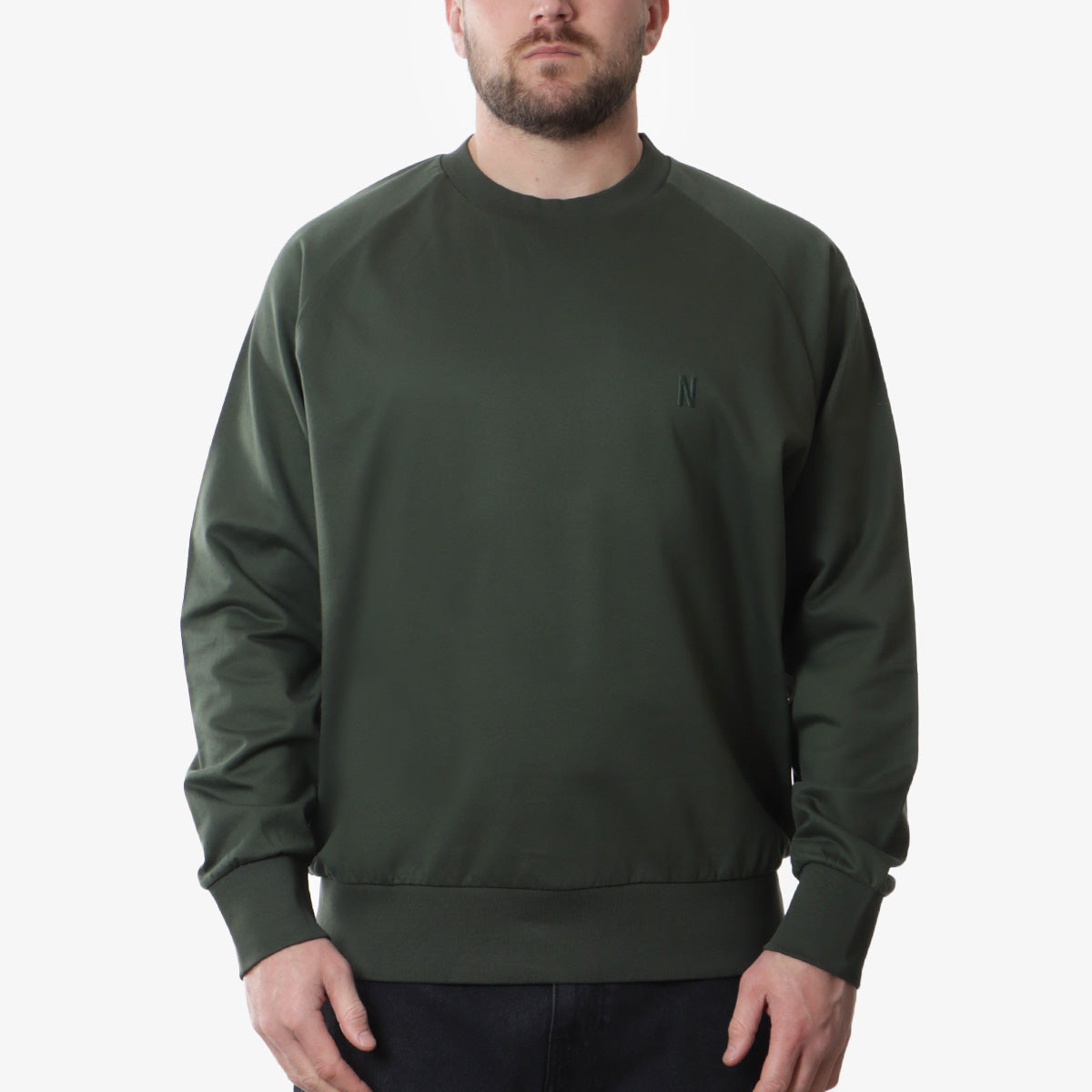 main Norse Projects Marten Relaxed Raglan Light Sweatshirt, Spruce Green, Detail Shot 1