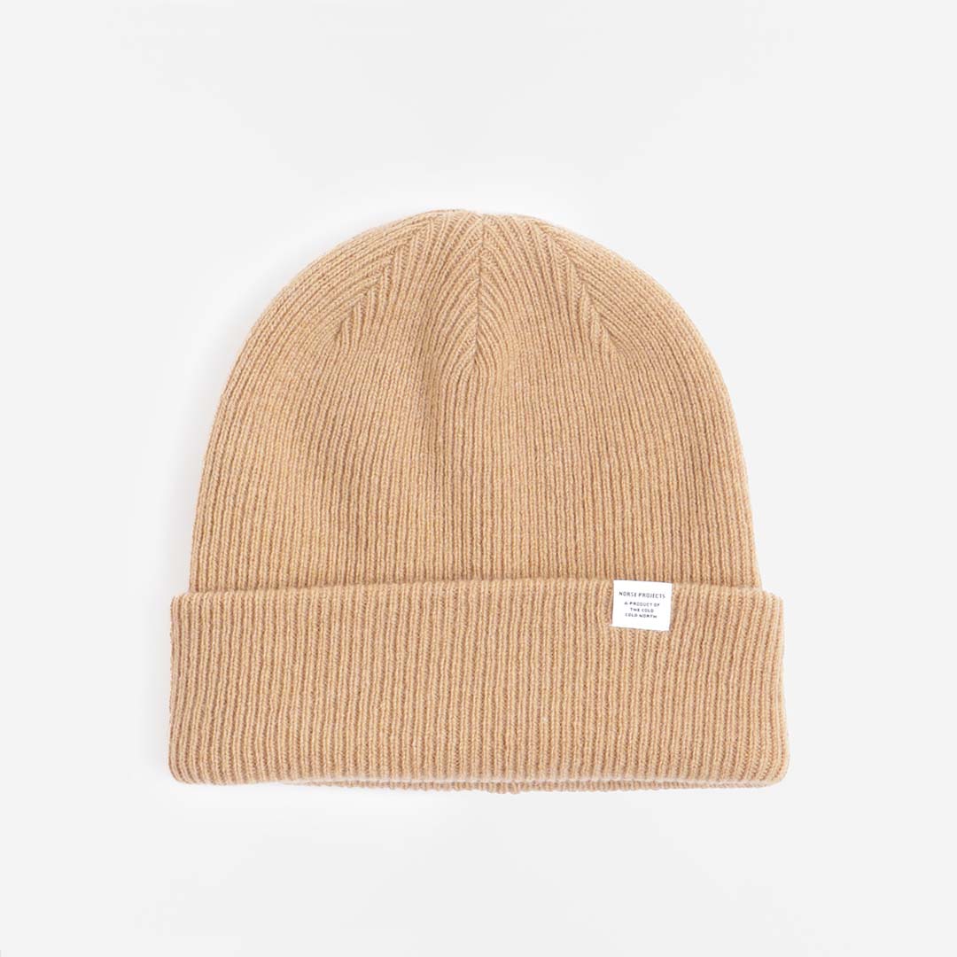 main Norse Projects Merino Lambswool Beanie, Camel, Detail Shot 1