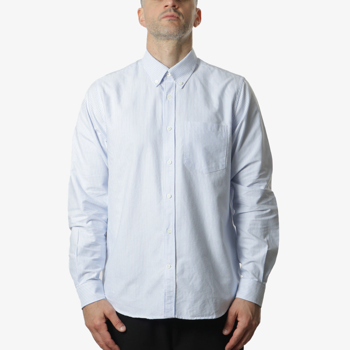 main Norse Projects Norse Standard Oxford BD Shirt, Pale Blue Stripe, Detail Shot 1