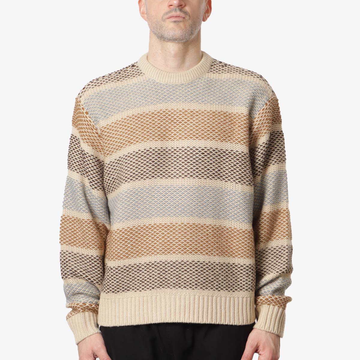 OBEY Benjamin Crewneck Sweater, Brown Multi, Detail Shot 1