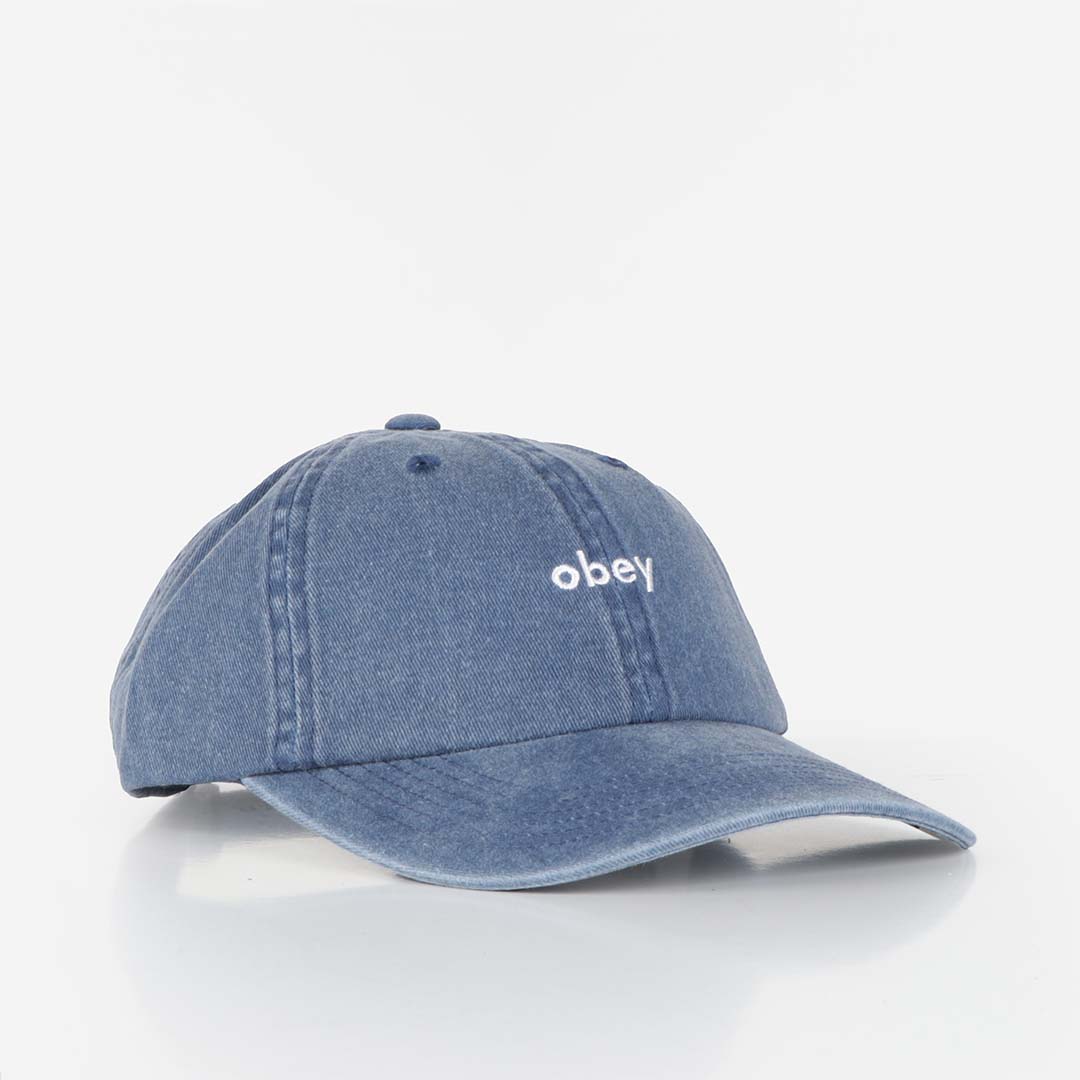 OBEY Pigment Lowercase 6 Panel Strapback Cap, Pigment Navy, Detail Shot 1