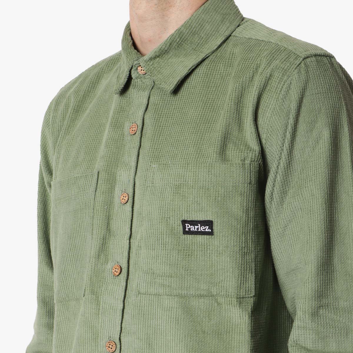 Parlez Ayr Cord Shirt, Olive Green, Detail Shot 2