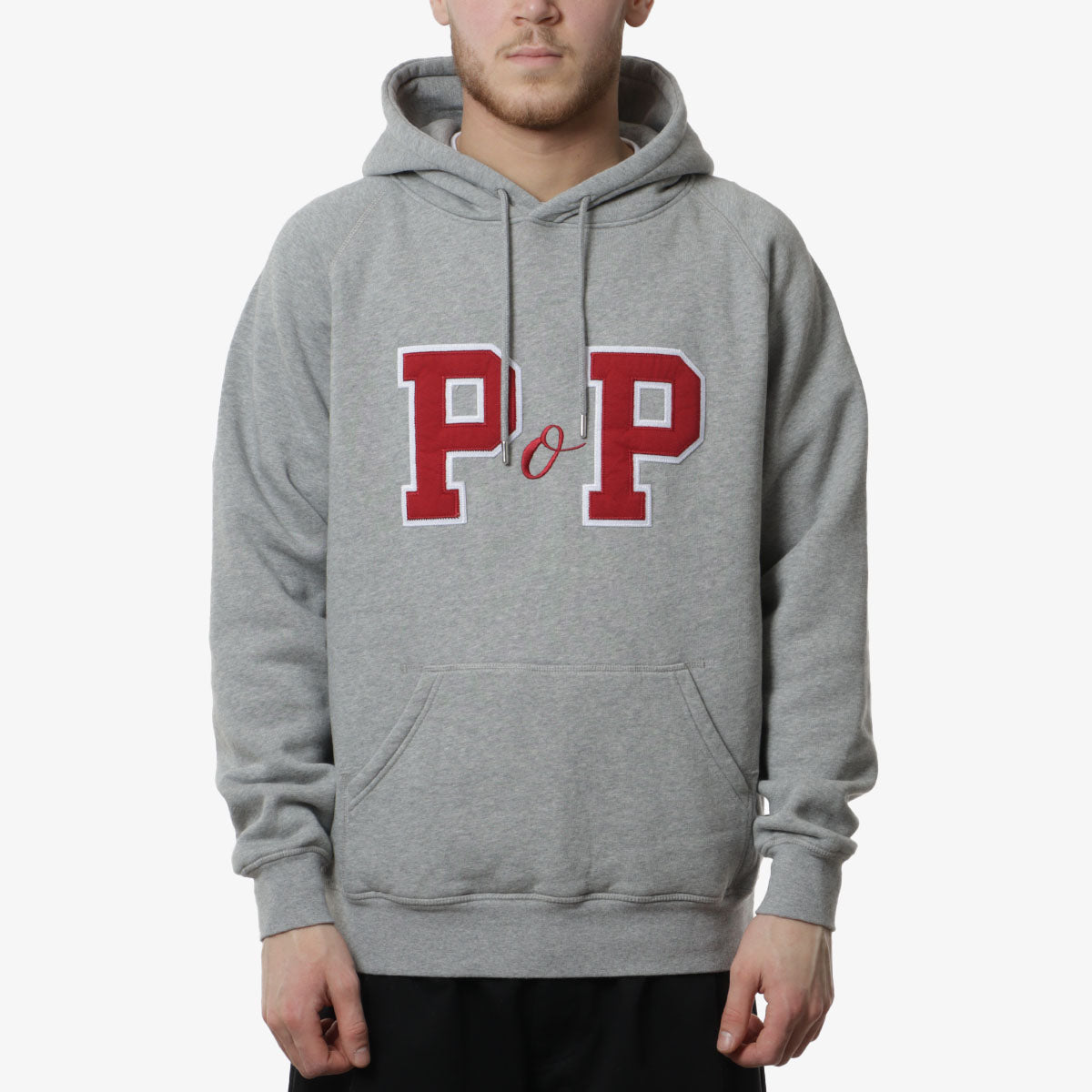 main Pop Trading Company College P Hoodie, Grey Heather, Detail Shot 1