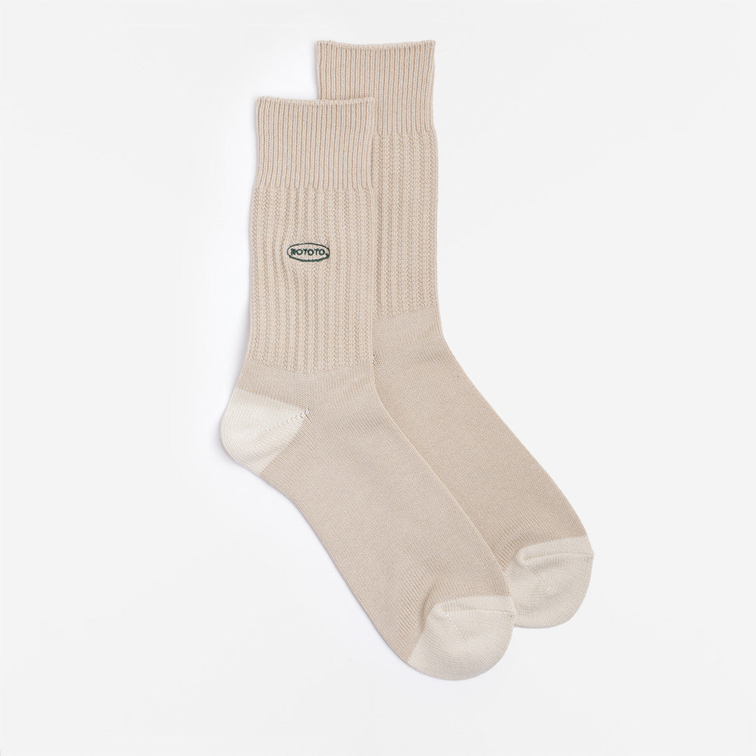 main Rototo 90s Logo Crew Socks, Beige, Detail Shot 1