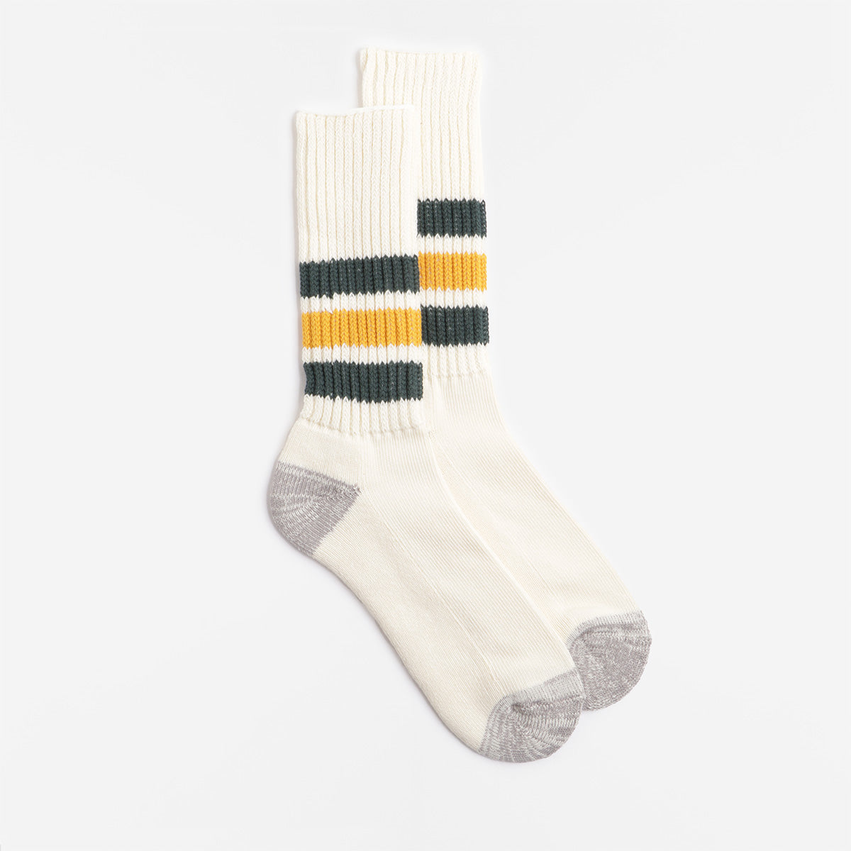 Rototo Coarse Ribbed Old School Crew Socks, Dark Green Yellow, Detail Shot 1