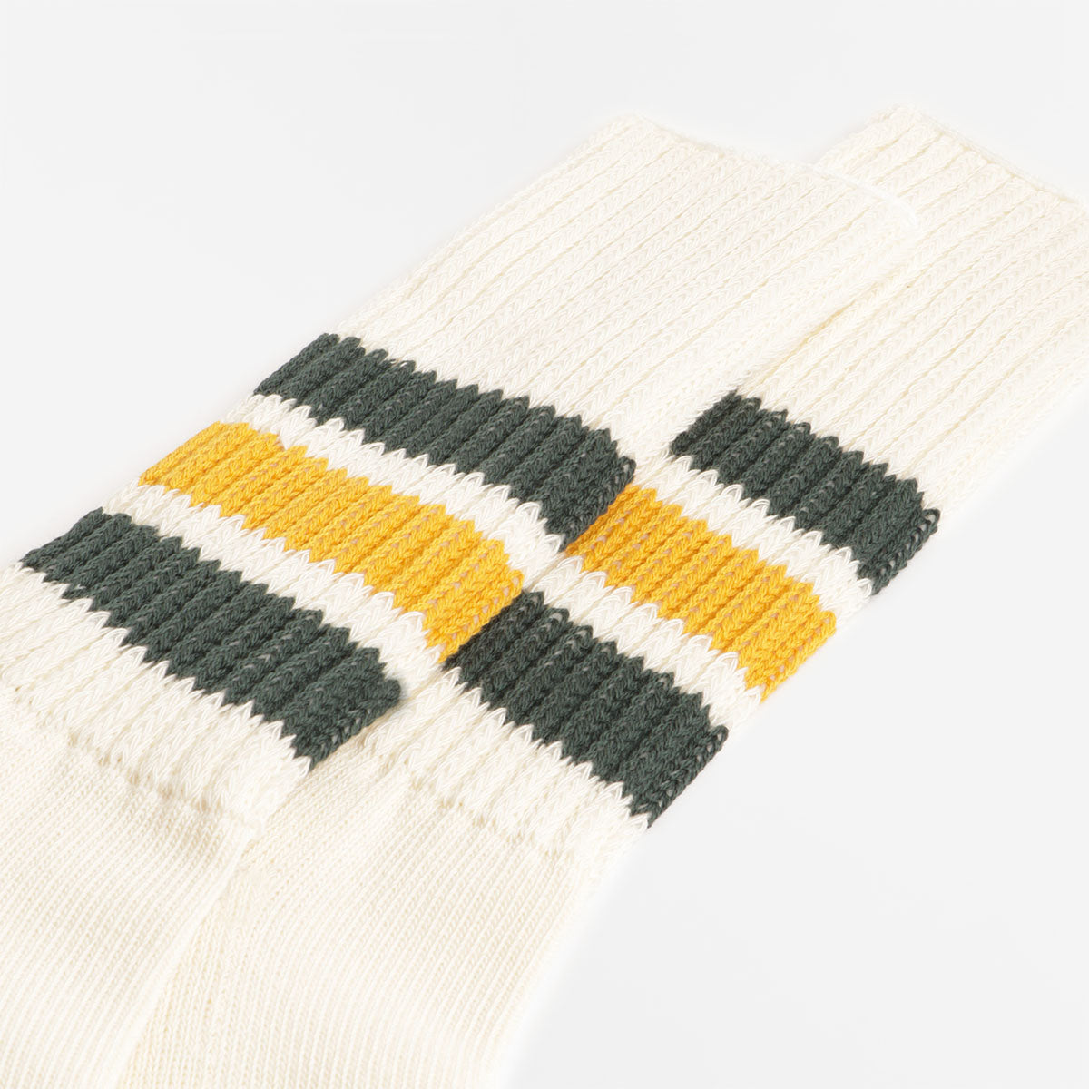 Rototo Coarse Ribbed Old School Crew Socks, Dark Green Yellow, Detail Shot 2