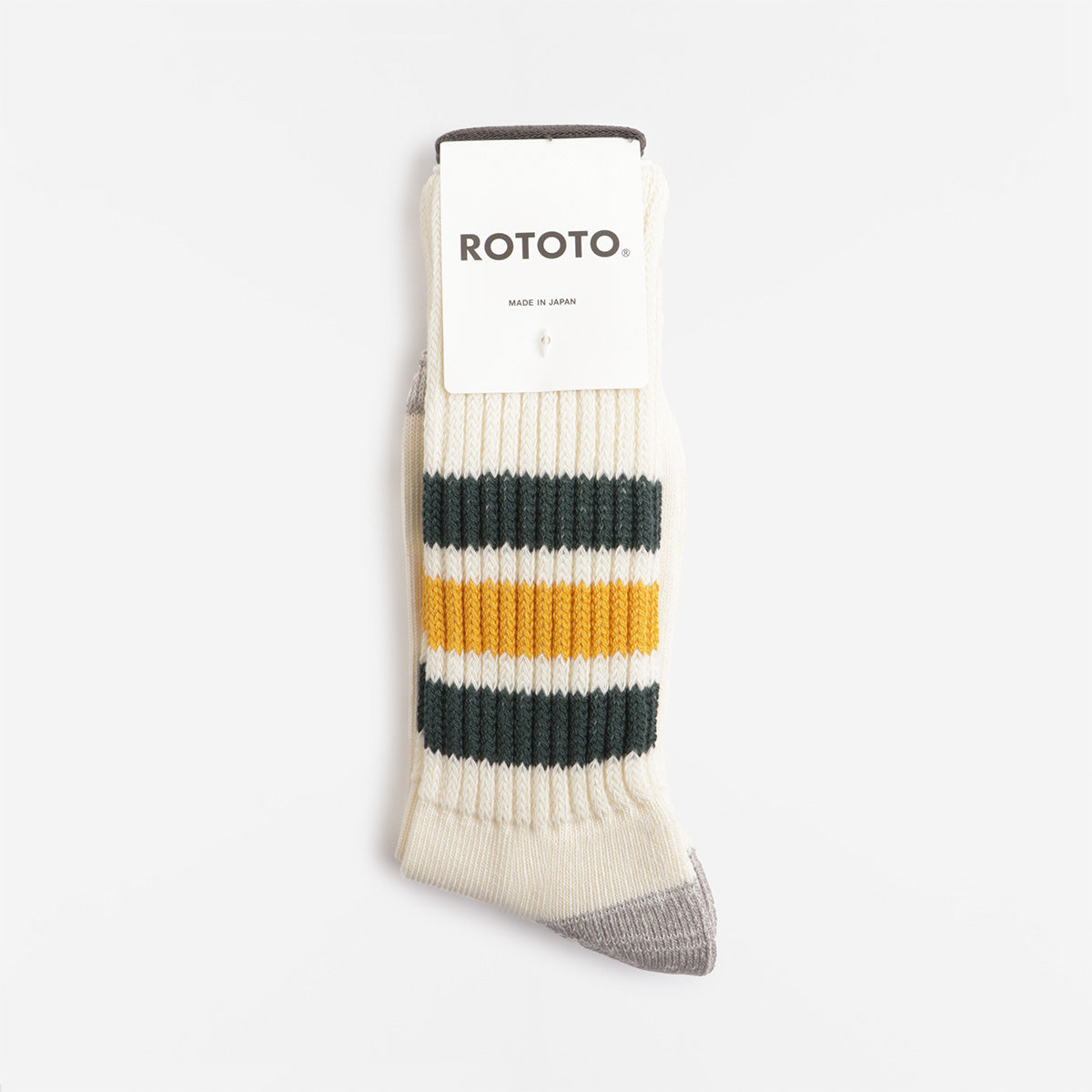 Rototo Coarse Ribbed Old School Crew Socks, Dark Green Yellow, Detail Shot 3