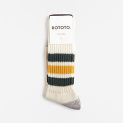 thumbnail Rototo Coarse Ribbed Old School Crew Socks, Dark Green Yellow, Detail Shot 3