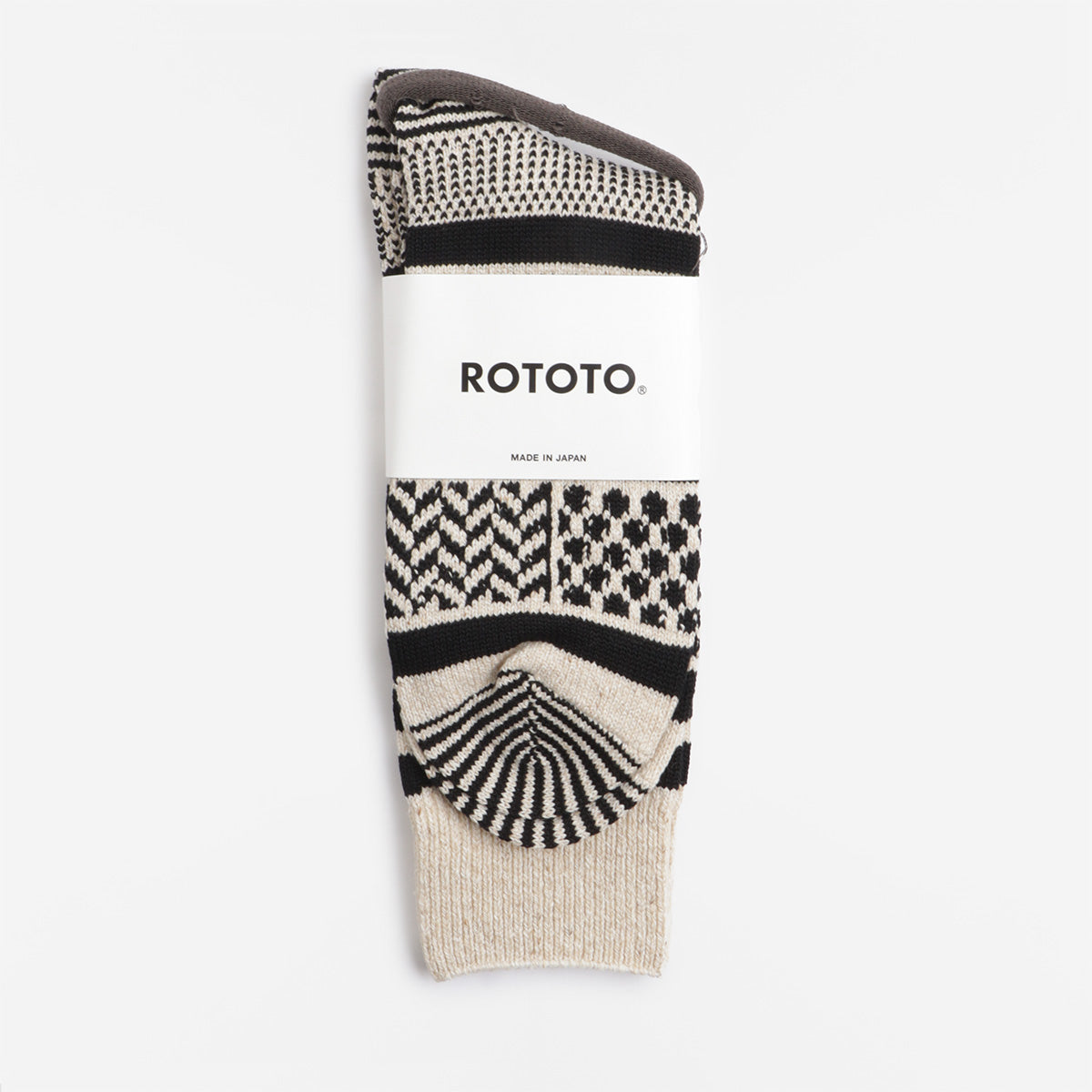 Rototo Multi Jacquard Crew Socks, Ivory Black, Detail Shot 2