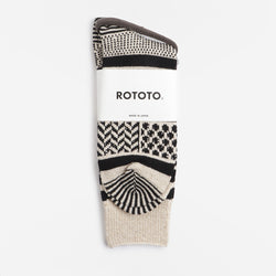 thumbnail Rototo Multi Jacquard Crew Socks, Ivory Black, Detail Shot 2