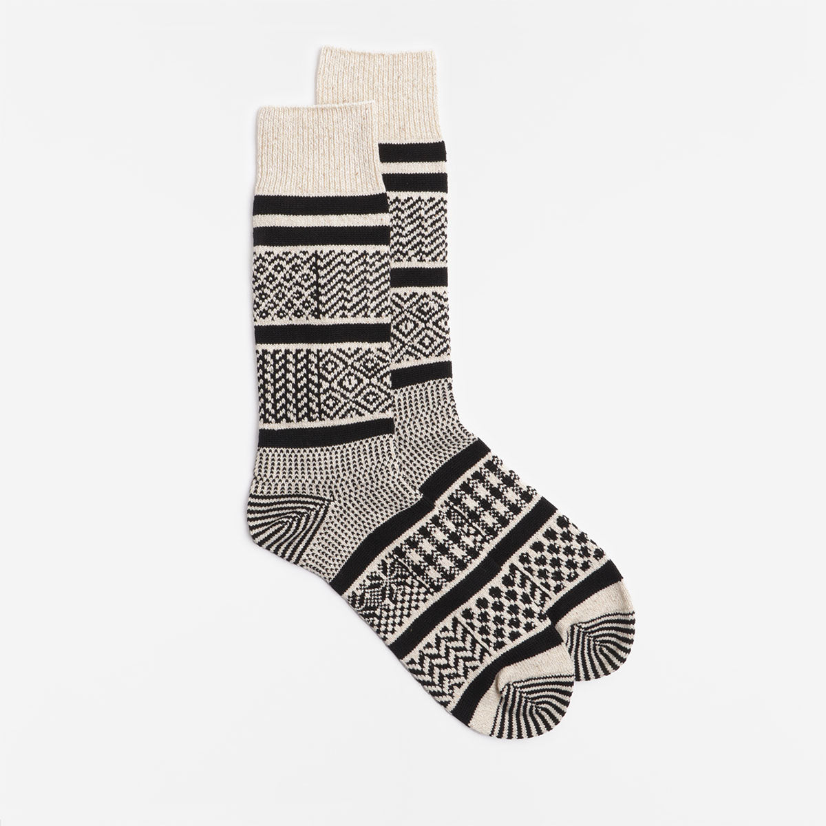 Rototo Multi Jacquard Crew Socks, Ivory Black, Detail Shot 1