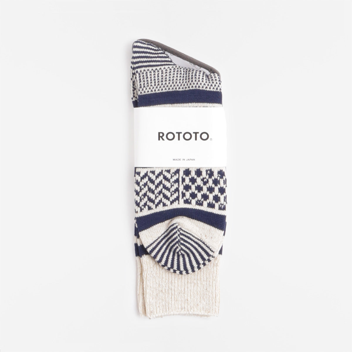 Rototo Multi Jacquard Crew Socks, Ivory Navy, Detail Shot 2