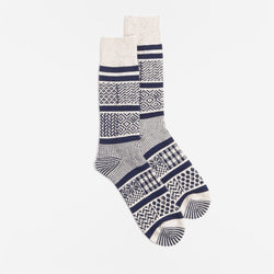 thumbnail Rototo Multi Jacquard Crew Socks, Ivory Navy, Detail Shot 1