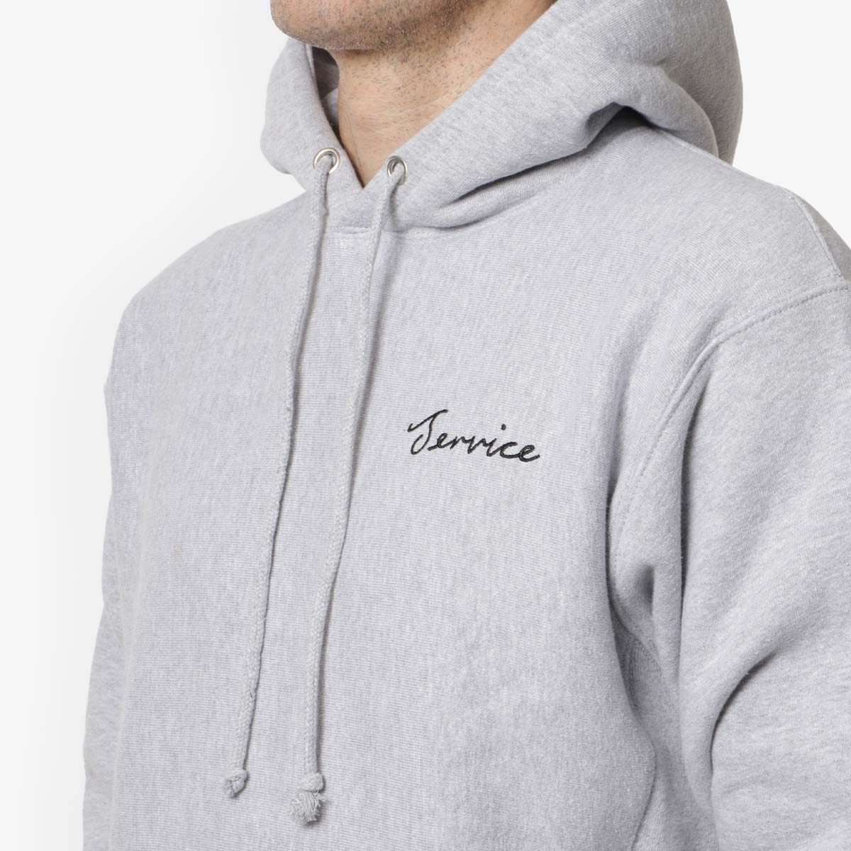 main Service Works Script Logo Hoodie, Marl Grey, Detail Shot 2