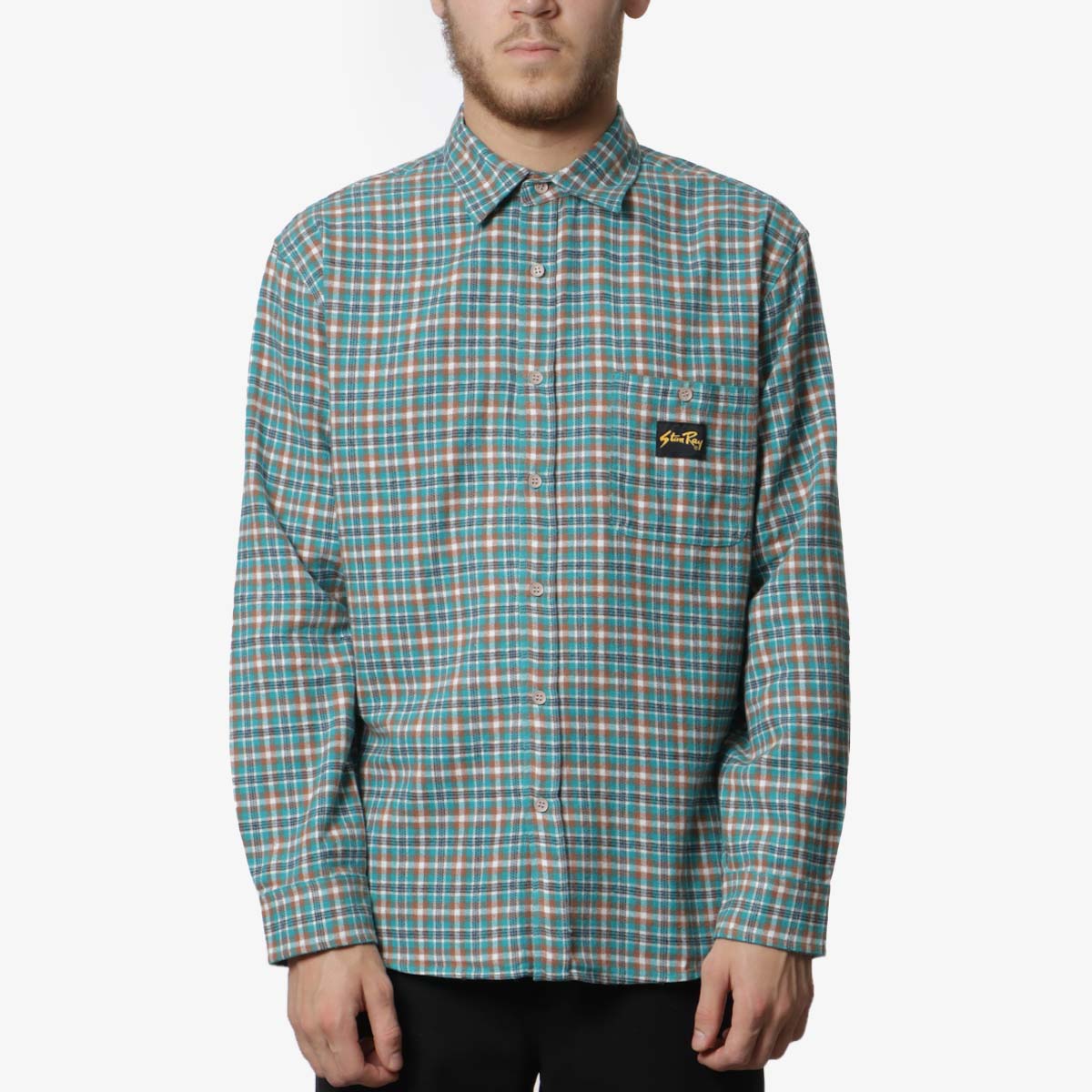 Stan Ray Flannel Shirt, Aqua Plaid, Detail Shot 1