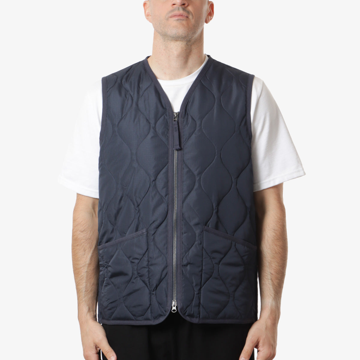 Taion Military Zip V Neck Down Vest, Dark Navy, Detail Shot 1